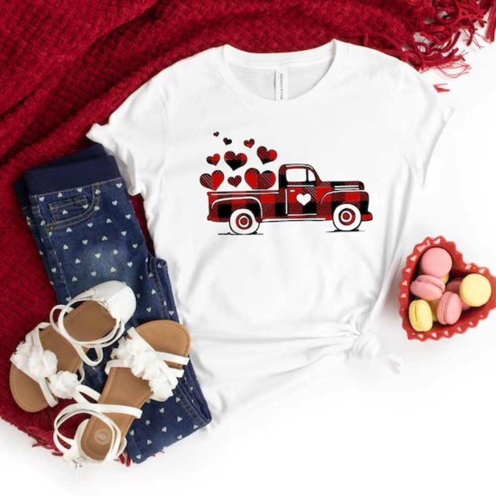 Valentines Buffalo Plaid Truck T-Shirt, Valentines Day T-Shirt, Heart T-Shirt